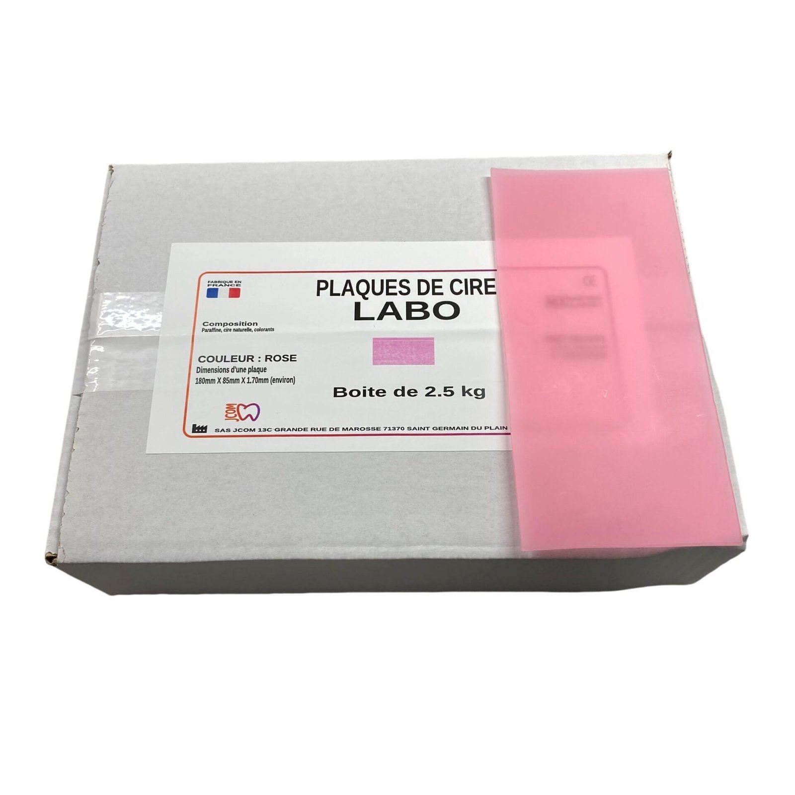 Plaque cire rose LABO pour prothésiste dentaire fabriquée en France par JCOM DENTAL